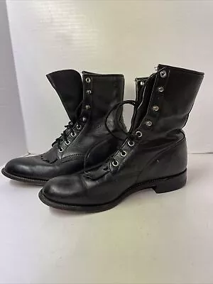 Vtg USA Justin L0506 Black Leather Womens 7.5B Granny Lace-up Boots Roper Lacers • $39.99