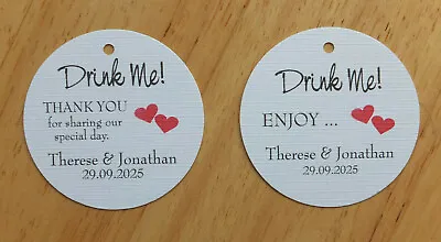 £1.25 • Buy Personalised Wedding Favour Tags  / DRINK ME / HEARTS  / Round WHITE Bottle Tag