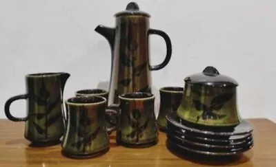 Vintage Mid-Century Teapot Coffee Pot Tea Set Cups Green Glaze 70s 11 Piece • £24.99