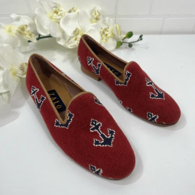 $55 • Buy Zalo Needlepoint Flat Womens Size 6.5 Leather Sole Anchor Print