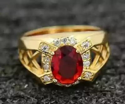 Lab Created Oval Cut 2CT Red Ruby 14K Yellow Gold Plated Men's Wedding Ring • $254.49