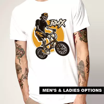 BMX T-Shirt Skeleton Skull Bike Cool TShirts Cycle Bicycle Old School Retro Gift • $48.95