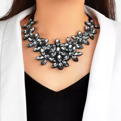 Statement Gunblack Crystal Flower Collar Choker Necklace Bib Costume Jewellery • $3.99