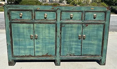 Vintage Chinese Distressed Teal Green Sideboard Buffet Cabinet Table Credenza • $1995