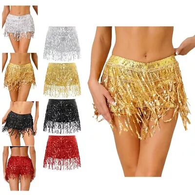 Women Sparkle Sequin Tassel Skirt Fringe Belly Jazz Dance Booty Shorts Hot Pants • $19.29