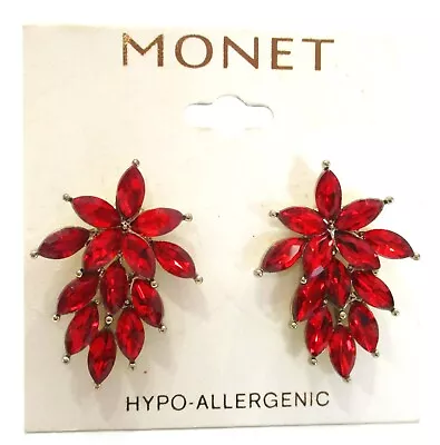 Monet Ruby Red Marquise Rhinestone Cluster Pierced Earrings NWT • $14.95