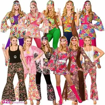 Ladies 60's 70's Hippie Costumes Flower Power Retro Festival Fancy Dress UK 6-28 • £12.99