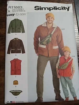 R11663 Simplicity Sewing Pattern Men's Boys Jacket Top Bag Hat.  SZ Small-XL • $5.95