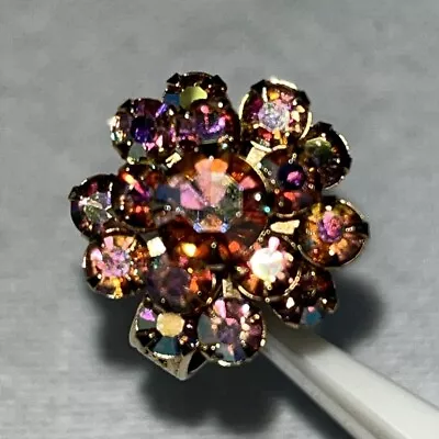 VTG Aurora Borealis Flower Gold Tone Cocktail Adjustable Ring Size 7.75 • $25