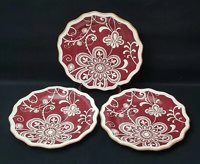 Set Of 3 Pier 1 Imports Maribeth Salad Plates 8 3/4  Burgundy & Cream Ironstone • $30