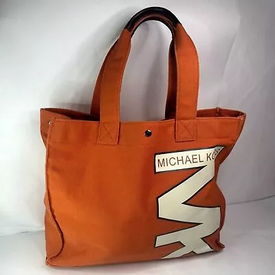 Michael Kors Orange Canvas Large Tote Shoulder Bag Leather Beach Logo Womens • $45