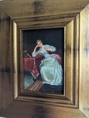 Lady Portrait Interior Small Framed Vintage Oil Painting On Thick Wooden Panel  • £184