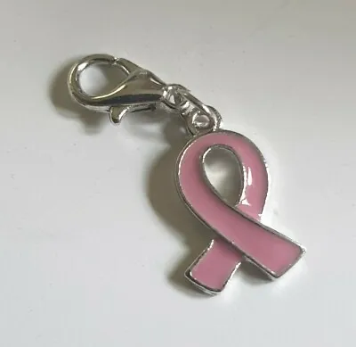 Breast Cancer Silvertone Pink Ribbon Charm & Lobster Clasp - Attach To Anything • £1.95