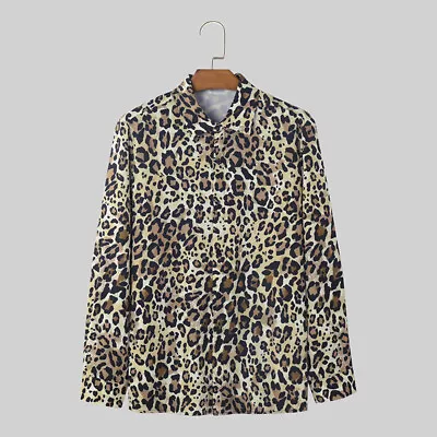 INCERUN Mens Leopard Printed Buttons Tops T-shirt Casual Loose Tee Shirt Blouse • $23.74