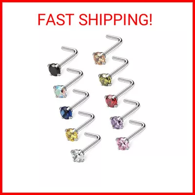 Ruifan 10PCS 20G Surgical Steel Mix Color Diamond CZ Nose Stud Rings L Shaped Pi • $15.40