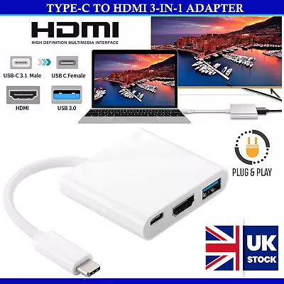 Type C To HDMI 3 In 1 Adapter Cable For Apple Mac Samsung HUAWEI 4k Laptop To TV • £10.95