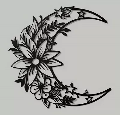 Rustic Crescent Moon With Flowers Silhouette Metal Wall Art Wall Hanging • £7