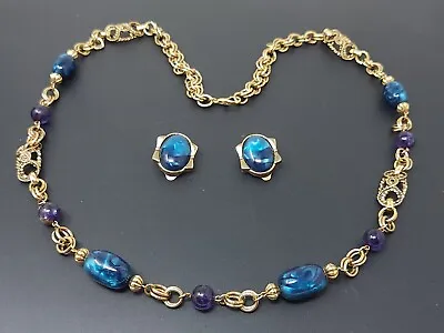 Vintage Couture Blue Lucite Gold Tone Necklace Clip  Earrings Set • $55