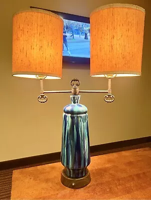 Vintage Mid Century Rare Double MCM Ceramic Drip Glaze Double Lamp  Blue/green • $300