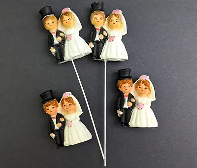 Vtg Wedding Cake Cupcake Toppers Plastic Bride And Groom 4 Pc Lot Cute Kitsch • $20