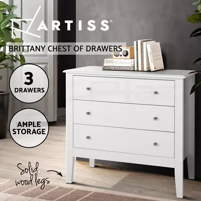 Artiss 3 Chest Of Drawers Dresser Tallboy Storage Cabinet Bedroom White BRITTANY • $139.95