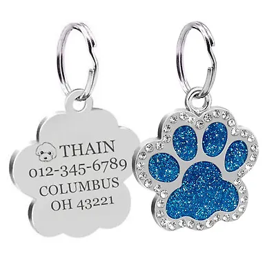 Personalized Dog Tags Bling Engraved Puppy Pet ID Name Collar Tag  Paw Glitter • $5.98