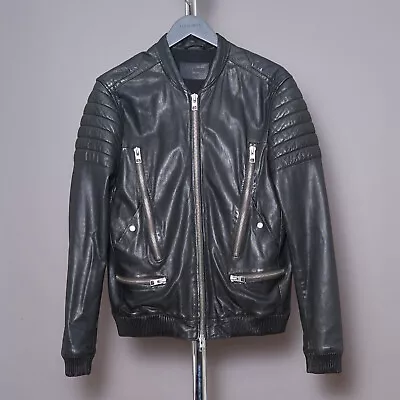 ALL SAINTS Mens SANDERSON Leather Jacket LARGE Black Moto Bomber Biker L • £169.99