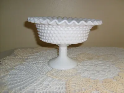  White Hobnail Fenton Milk Glass Pedestal Bowl Round Laced Edge VTG • $7.89