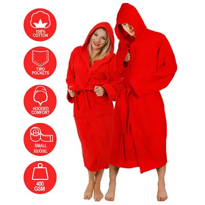 £24.99 • Buy Red Hooded Bathrobe 100% Cotton Heavy Towel Unisex Hospital Gown Robe S - Xxxxl