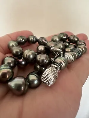 $12k Estate Vintage 14k 585 Gold Saltwater Black Tahitian Pearl Necklace 18”10mm • $5000