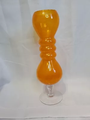 Orange Tangerine Crackle Glass Footed Vase Clear Base 13.5  Vintage Blenko • $59.99