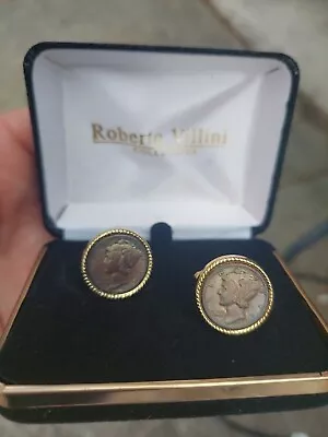 $45 • Buy Vintage Genuine Mercury Dime Cufflinks In Goldtone Setting MATCHING 1942