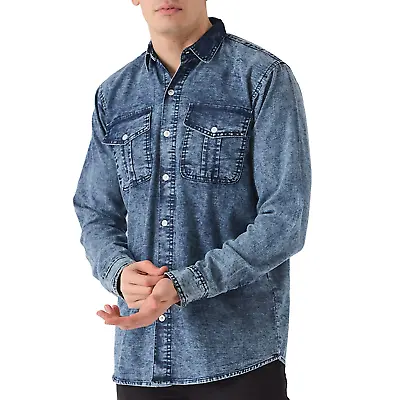 New Mens Shirt Denim Button Up Sleeve 100% Cotton Formal Casual Shirts S-2xl • £21.99