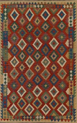 Geometric Reversible Kilim Rust Color Area Rug 7x9 Wool Hand-Woven Carpet • $407.40