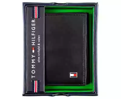 Mens TOMMY HILFIGER Oxford Slim Trifold Leather Wallet - Black • $34.29