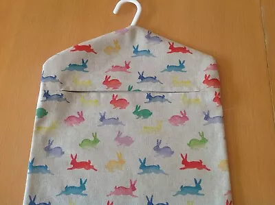 Handmade Peg Bag. Linen Effect Medium Weight Cotton Colourful Rabbits. 13.5 X12 • £6.75