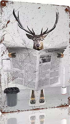 Vintage Elk Deer Is Reading Newspaper In Toilet Tin Sign Funny Animal Wall Art P • $20.05