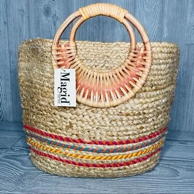 Nwt Magid Woven Jute Tote Bag Beach Purse With Wooden Handles • $50