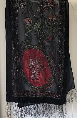 Black & Red Floral Fringed Burn Out “Velvet“ Shawl Wrap BOHO • $14.95