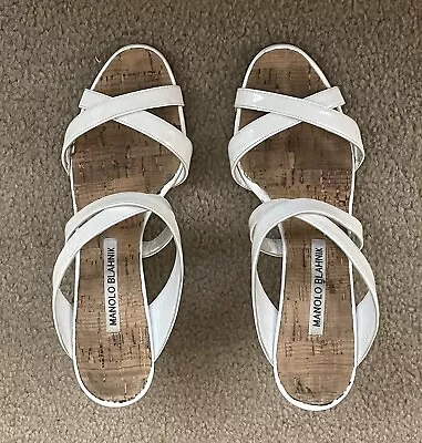 Beautiful Manolo Blahnik White Patent Leather Wedge Sandals  Size US 5 Great • $44