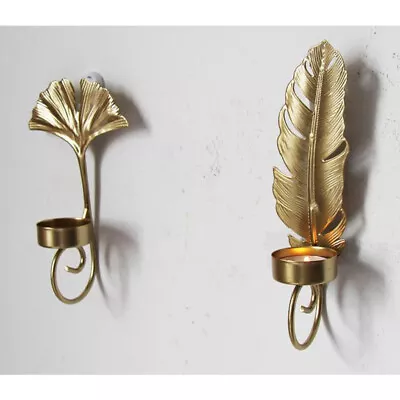 2X Metal Leaf Candle Holder Golden Candlestick Rack Nordic Style Wall Decoration • £8.82