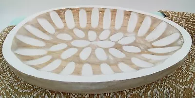 Wood Mango Bowl Tray Dish Decor Egg Shape White Carved Floral Design New 12x8x1  • $23.99