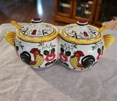 Ucagco Japan Early Provincial Rooster Roses Double Jelly Jam Jar Lid Spoons Vint • $20