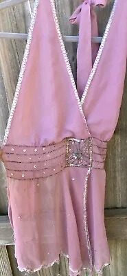 Vintage Sheer Pink Backless Halter Beaded Sequin Club Women Small? Tag Removed • $65