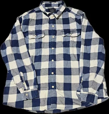 American Eagle Outfitters Men's Flannel Shirt White Blue Plaid 2XL • $24