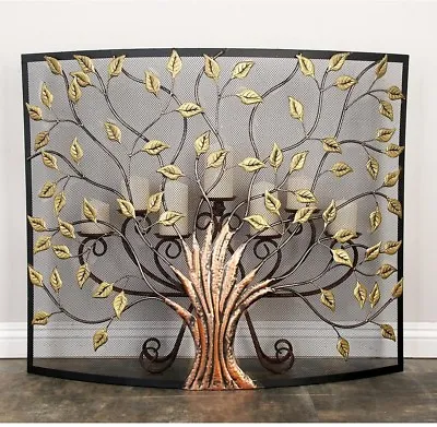 Rustic Tree Of Life Fireplace Screen ~ 1-Panel Metal Mesh W/Gold Leaf Cut-Outs  • $145.60