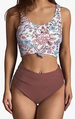 ZAFUL Womens Knot Scoop Neck Bikini Set Ruched High Waisted 2 Pc. Bathing Suit • $8.99