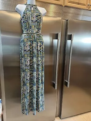 BCBG Max Azria LONG MAXI DRESS GRECIAN NECK TRIBAL PRINT XXS WAIST 24  TEAL& TAN • $16.99