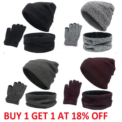 3pcs Set Mens Girl Beanie Hat And Neck Scarf Knitted Gloves Set Winter Warmer • £8.70