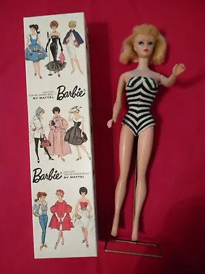 Barbie Vintage Doll 1960's Pony Tail Blonde Striped Swimsuit Box & Stand • $149